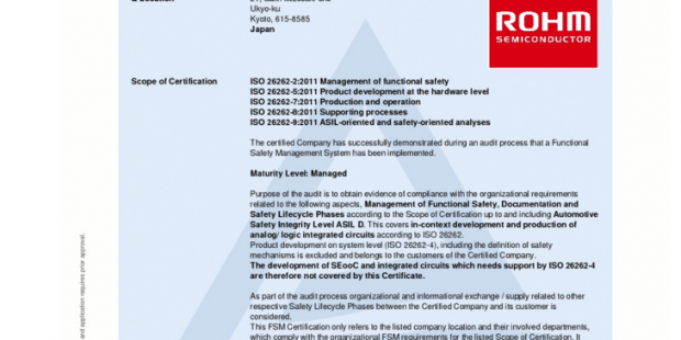 ROHM取得汽车行业功能安全标准“ISO26262”的开发工艺认证